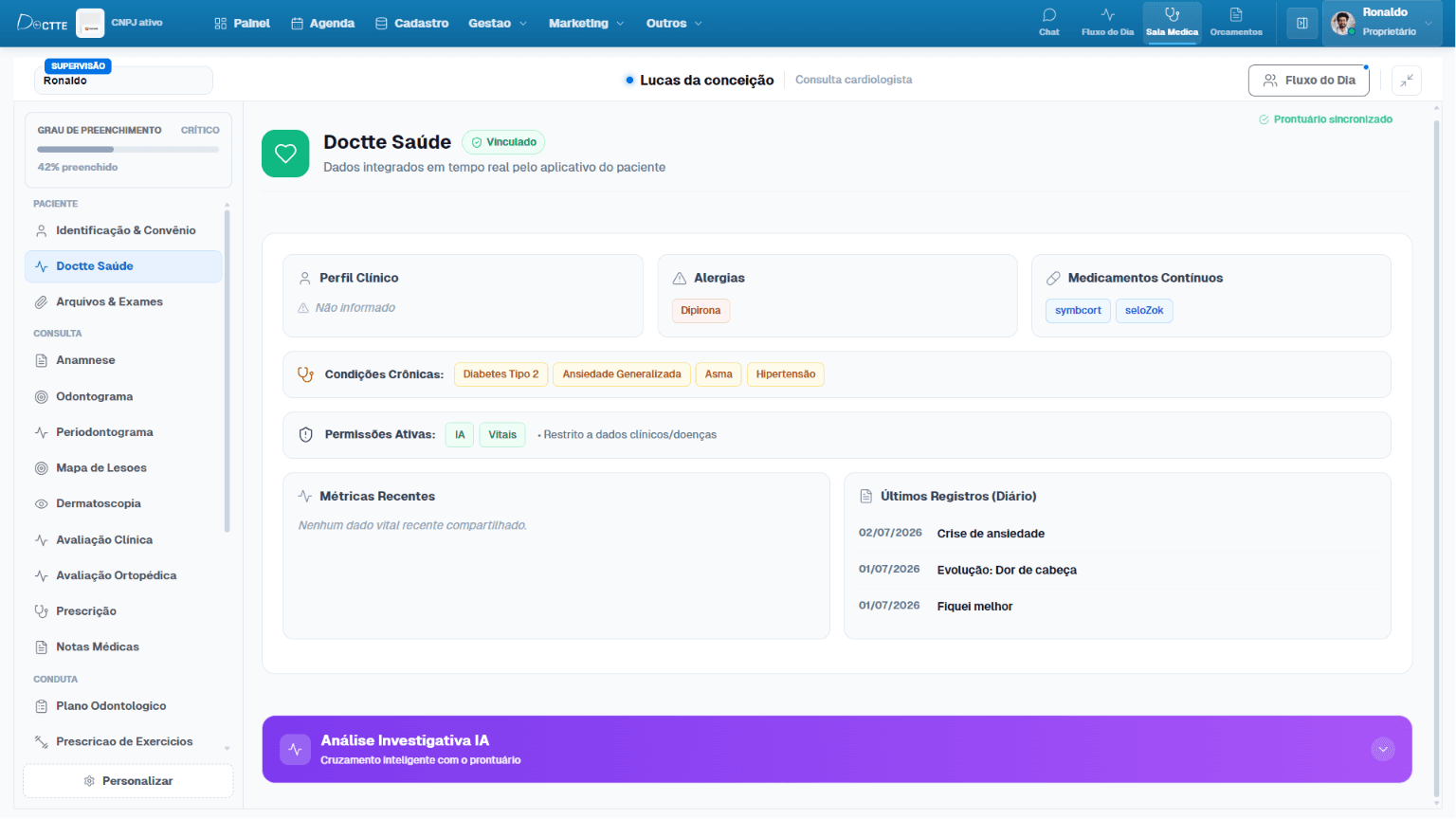 Interface do módulo Prontuário Único com Cruzamento Automático de Dados no software médico Doctte