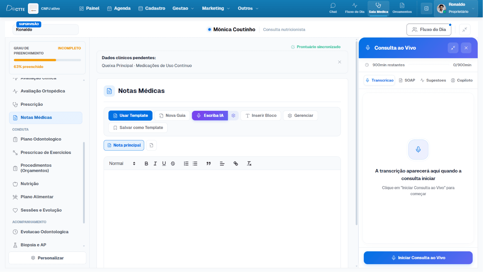 Interface do módulo Chat interno da equipe assistido por IA no software médico Doctte