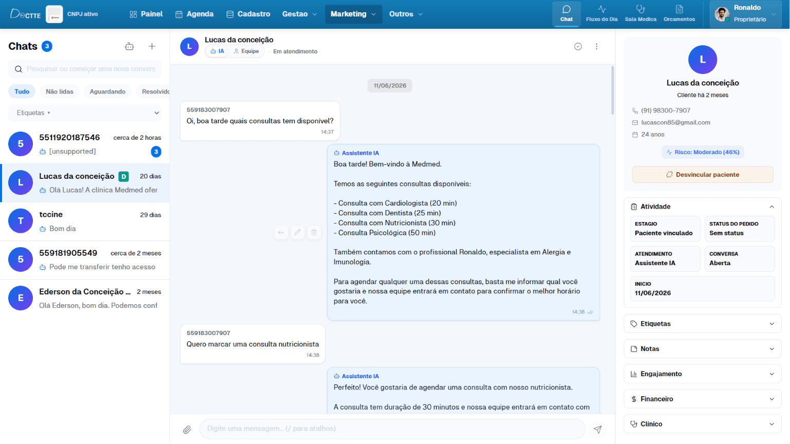 Chat interno seguro entre equipe no Doctte
