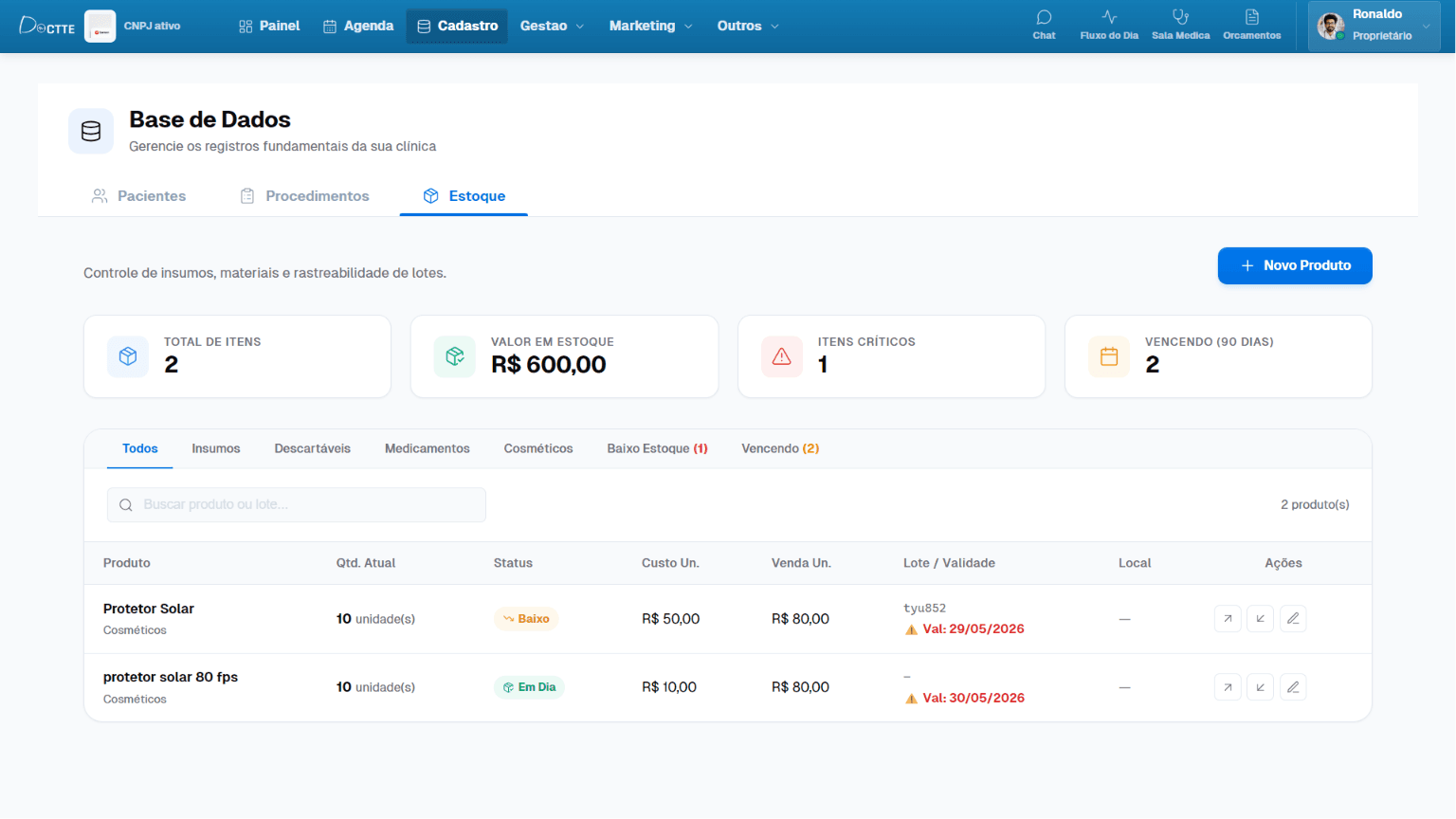 Controle de estoque — Software médico Doctte Controle de estoque no Doctte