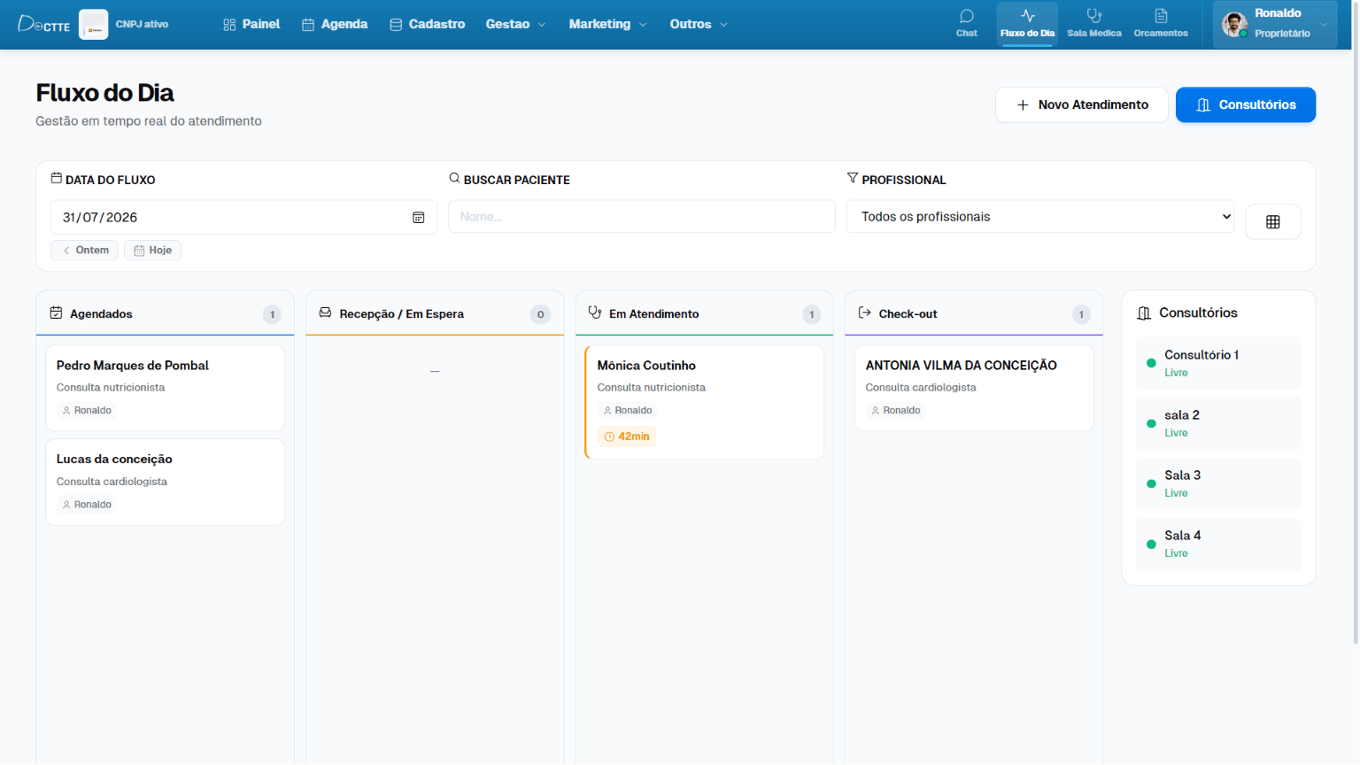 Doctte Start - Software médico essencial Interface do Doctte Start — prontuário essencial e fluxo do dia para consultórios