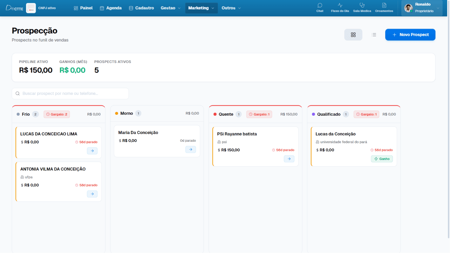Prospecção e funil Kanban no Doctte Prospecção e funil Kanban no Doctte