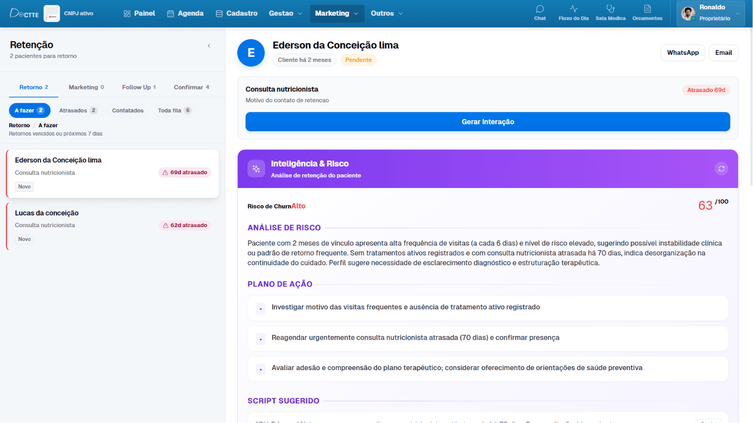 Tela de retenção e CRM médico do Doctte Tela de retenção e CRM médico do Doctte